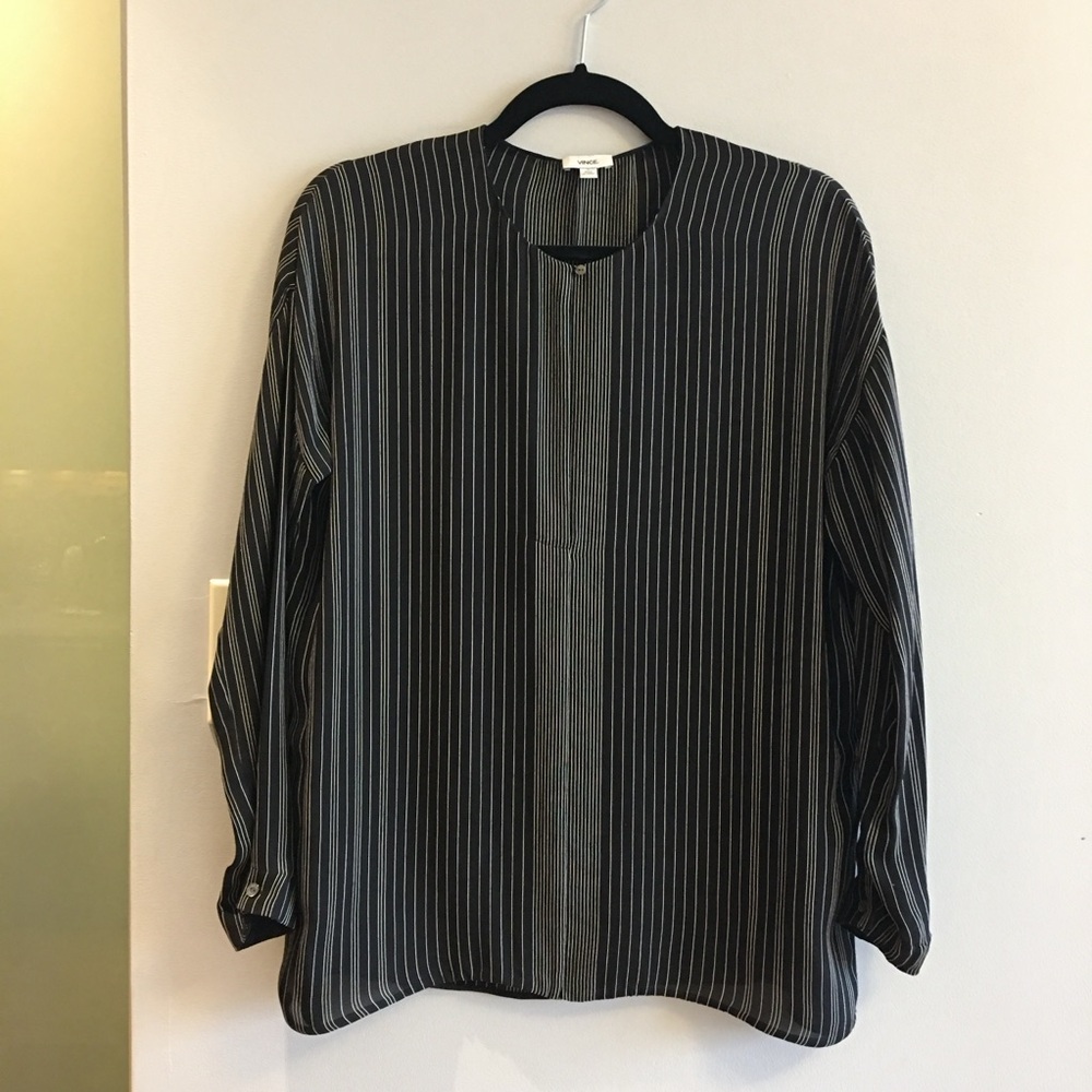 VINCE 100% silk slouchy striped black blouse